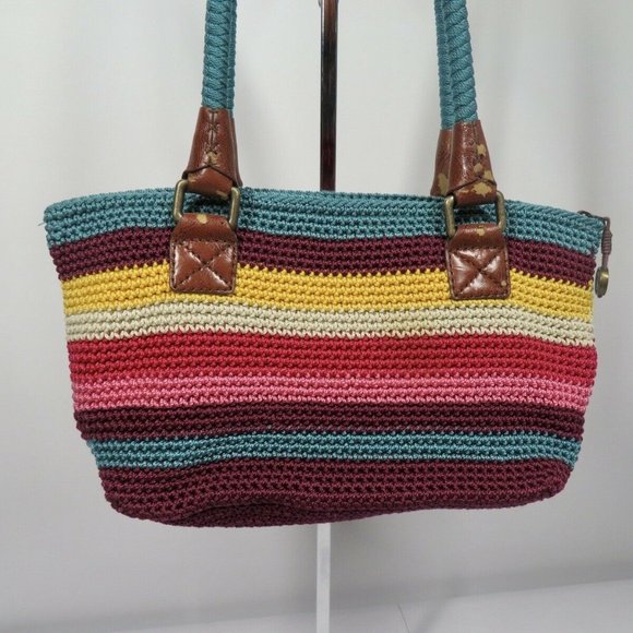 The Sak Boho Crochet Woven Rainbow Striped Shoulder Bag Firm Bottom Braided - Picture 2 of 6